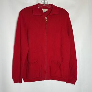 Yarnworks Womens Red 100% Cotton Full Zip Cardigan Sweater Medium Ribbed Knit